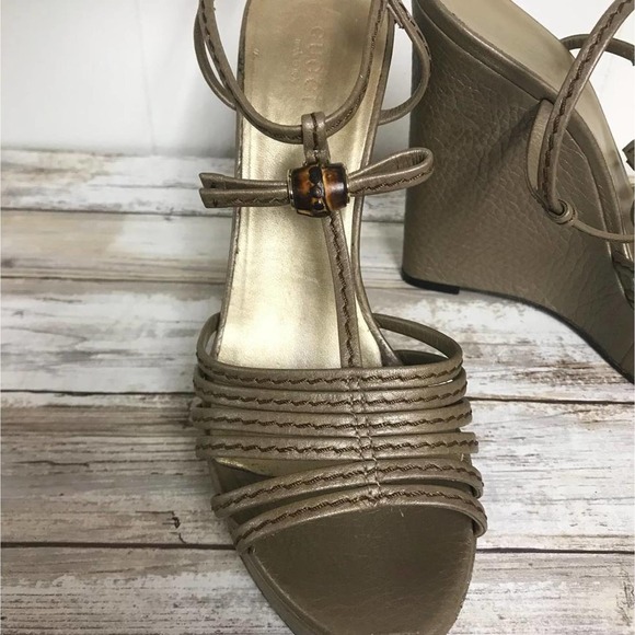 GUCCI Vegas Gold Leather Platform Wedges 38 - Picture 2 of 8